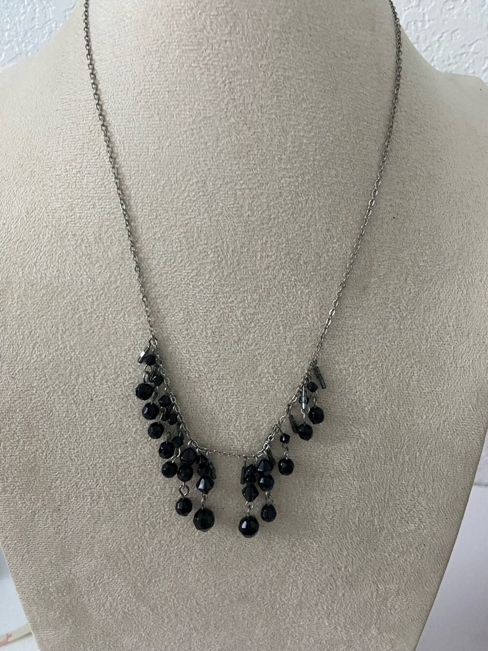 Black bead chain bib, necklace, silver tone